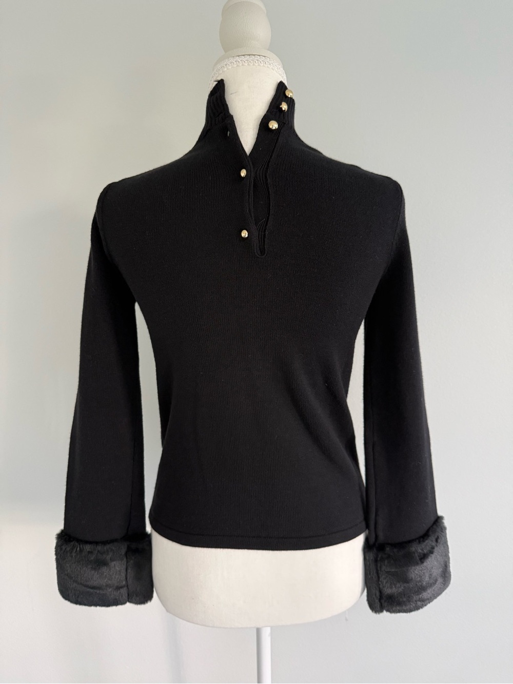 Janie and Jack Black Ribbed Mock Neck Sweater with Faux Fur Cuffs - Picture 3 of 8